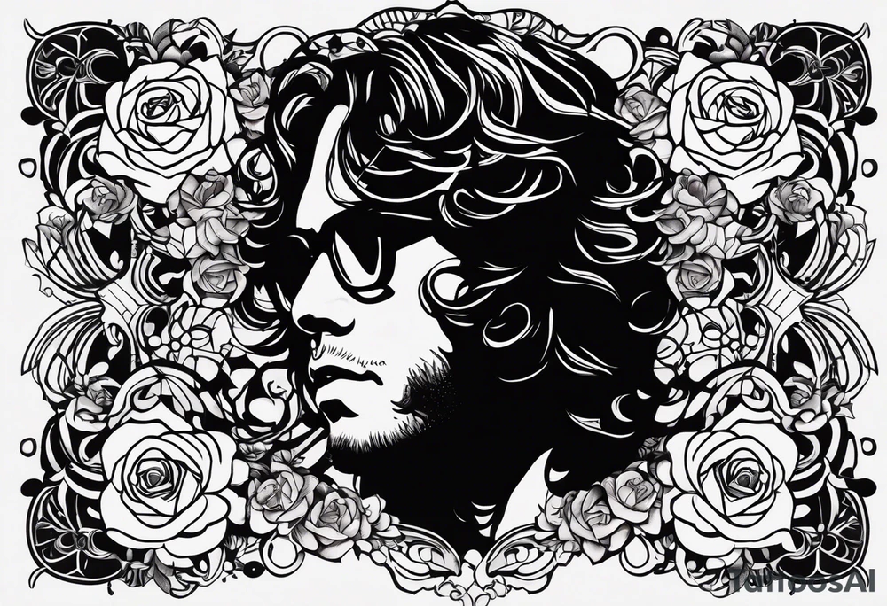 would like a black and white sleeve feautiring Jim Morrison (existing)
 on the upper arm, would like roses and psychadelic shapes in between, Hendrix's guitar, Joplins glasses and Johhn Cash portrait

As a sleeve design for the left arm tattoo idea