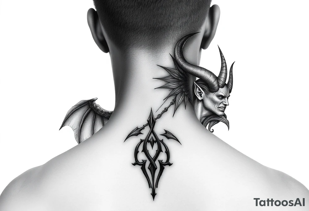 position behind the neck Angel (on the right) whispering in the right ear, demon (on the left) whispering in the left ear. It must be as realistic as possible. tattoo idea