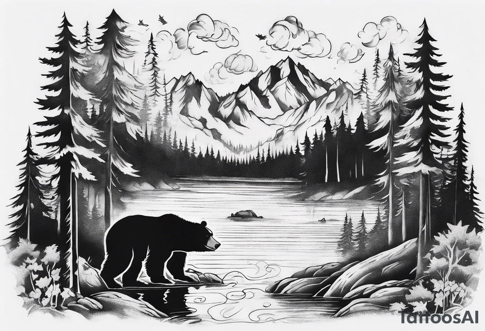 bear, forest, lake, appalachia, arm sleeve tattoo tattoo idea
