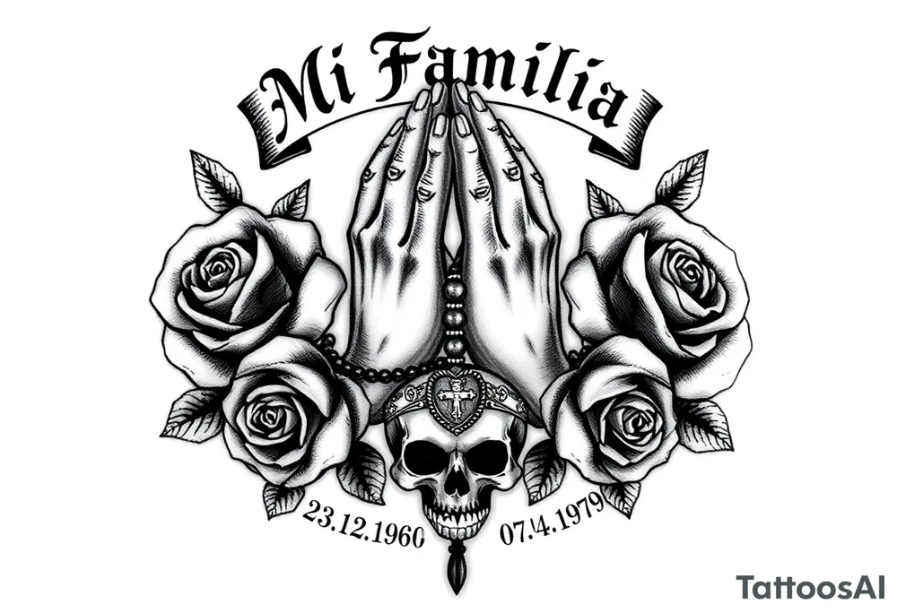 Black and grey gang style tattoo design. Centered praying hands with a rosary, surrounded by three realistic roses. Above the hands, gothic text saying 'Mi Familia'. Below each rose, a date in this order: '23.06.1980', '30.12.1946', '07.04.1979'. Add a crowned skull subtly in the background, symbolizing loyalty after death. Chicano tattoo style, fine shading, no color tattoo idea