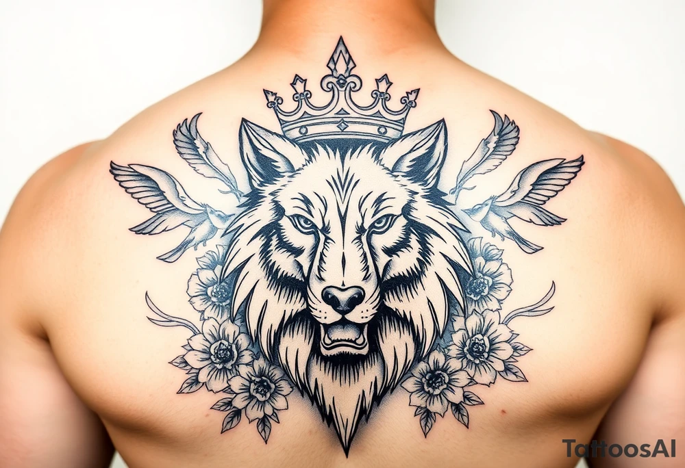 powerful majestic wolf with a crown, surrounded by floral ornaments and birds tattoo idea