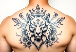powerful majestic wolf  with a crown, surrounded by floral ornaments and birds tattoo idea