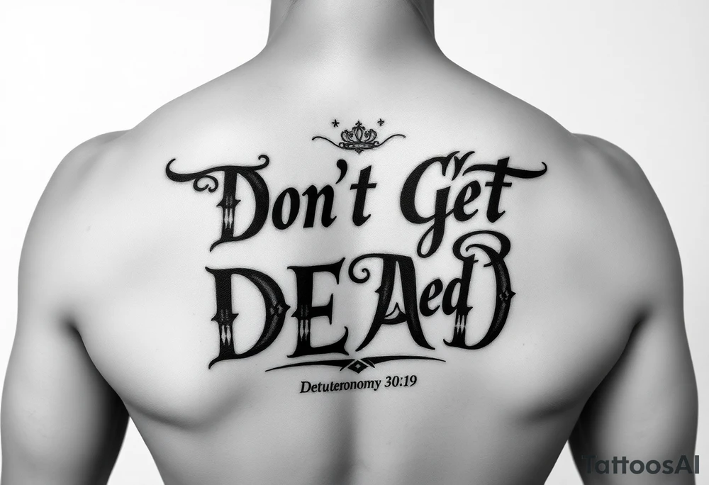 I want a cool design that includes the words “Don’t Get Dead” and includes the scripture reference Deuteronomy 30:19. Also I want something representing each of the 4 members of my family. tattoo idea