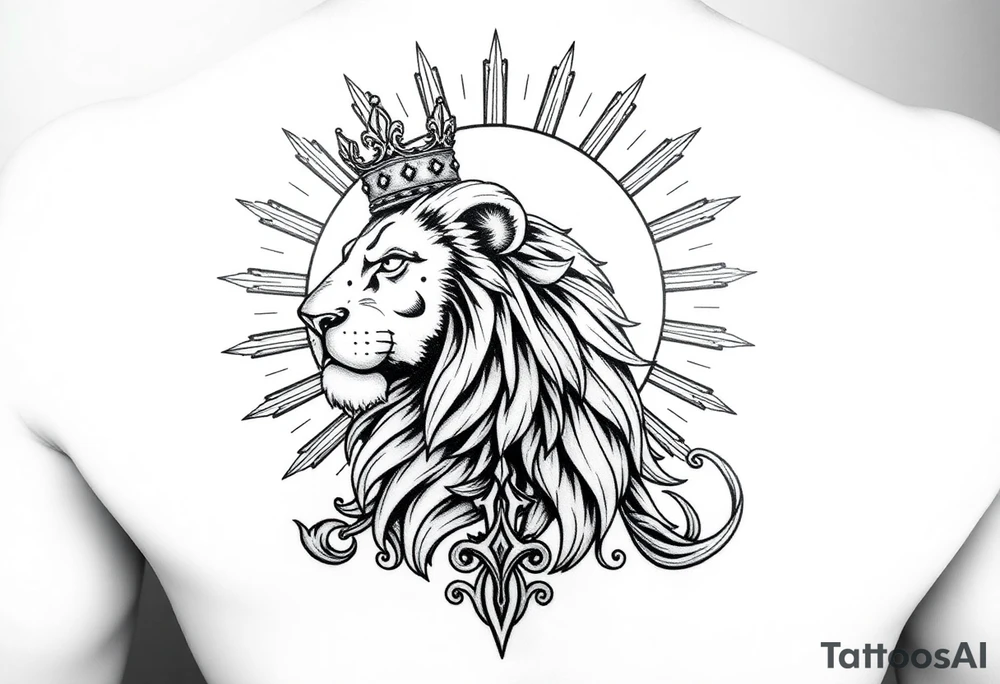 A majestic Persian lion with a radiant sun behind it, inspired by the ancient 'Lion and Sun' emblem of Iran. The lion wears a regal Persian crown, symbolizing power and sovereignty. The design elegantly incorporates the 'Faravahar' symbol, blending its wings and spiritual elements into the composition. The artwork is intricate, with fine ornamental Persian patterns, evoking a historical yet modern tattoo style. The atmosphere is grand, with a bold blackwork and neo-traditional tattoo aesthetic." tattoo idea