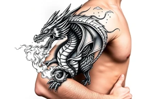 fierce dragon breathing iridescent fire against stormy skies tattoo idea