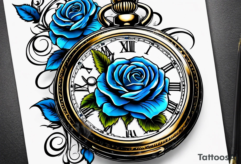 Pocket watch with blue roses tattoo idea