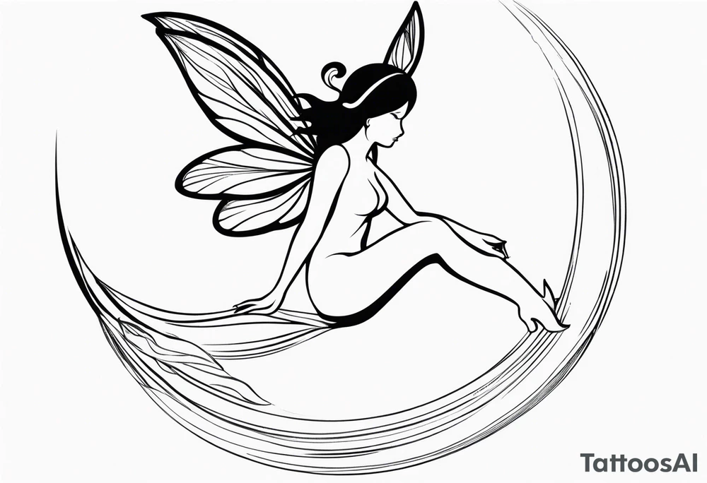 Minimalistic, monochromatic fairy with a tail flying to the left in a fetal position, leaning and looking in the same direction, with visible hands, embodying the 'Fairy Tail' logo aesthetic. tattoo idea