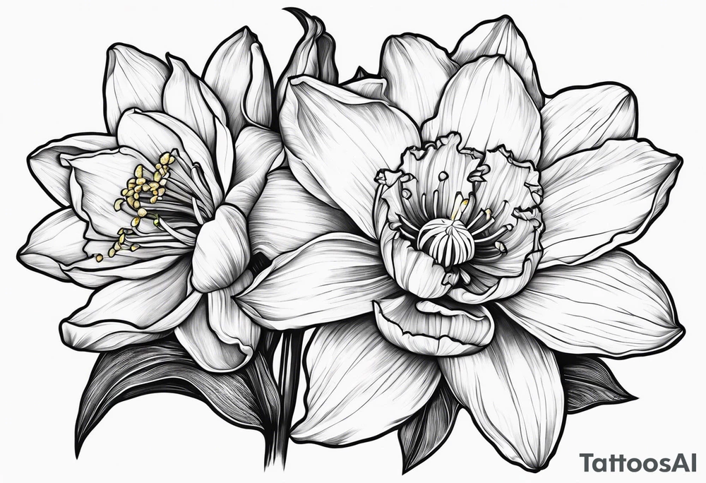 Daffodil, water Lily, larkspur, mountain tattoo idea