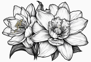 Daffodil, water Lily, larkspur, mountain tattoo idea