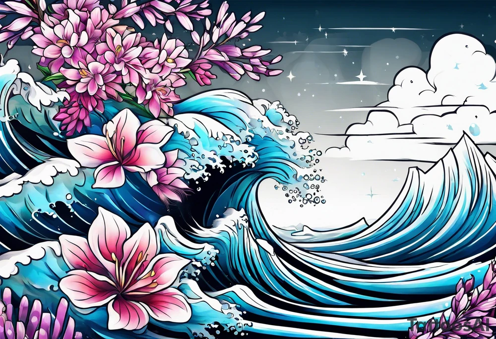 ocean wave with lupin and fireweed tattoo idea