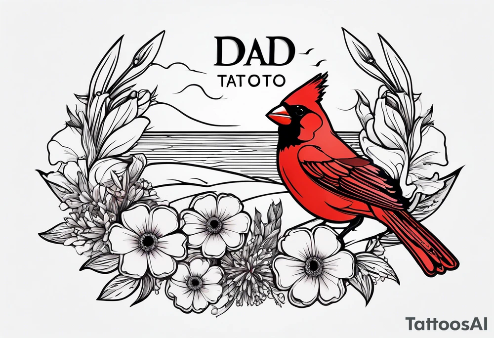Aster flowers and sea rocket flowers with a cardinal around the words Dad tattoo idea