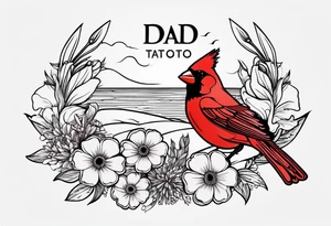 Aster flowers and sea rocket flowers with a cardinal around the words Dad tattoo idea