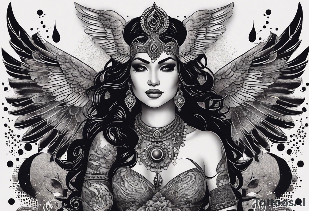 black kali, goddess pirate, alien, angel, pachamama, valkrye, warrior, flying, skull, lotus azul, wing, eagle, zenza resonance, stars, 5D, anahata chakra, death, durga, riding on a tiger, flying lady, kundalini, chest tatoo, samuri, rebel,serpent tattoo idea