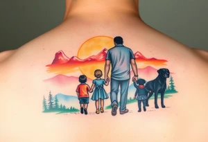 Family 2 parents, 1 baby boy, one 3-year girl and one black dog walking through the the sunset and mountains tattoo idea