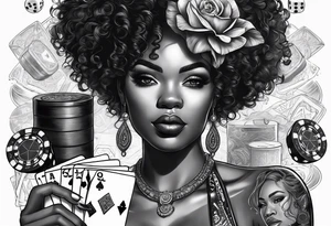 black woman with dice, cards, whiskey. and casino chips tattoo idea