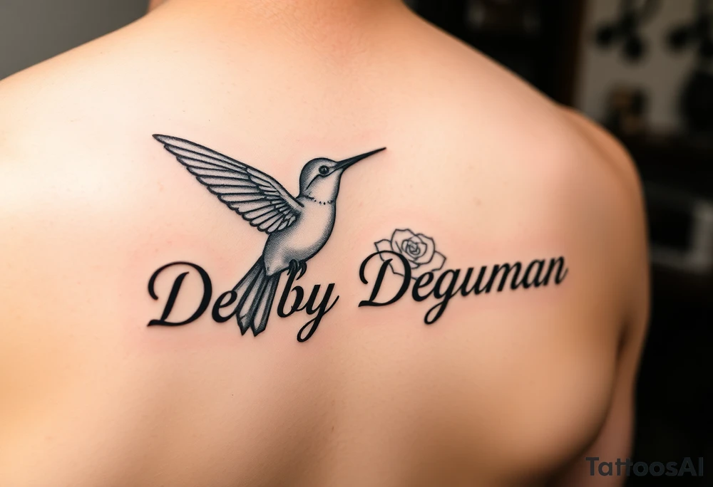 A tattoo on the forearm with the name Debby Deguzman with a humming bird and a rose tattoo idea