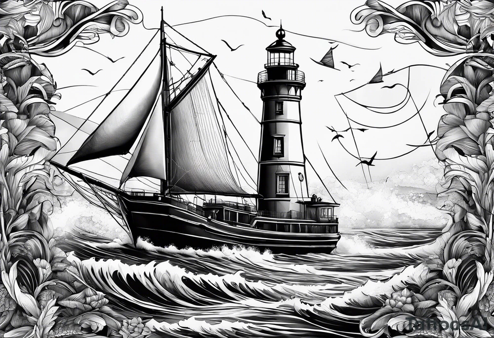 phare maritime dans un bateau a voiles. tattoo idea