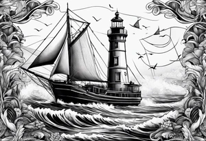 phare maritime dans un bateau a voiles. tattoo idea