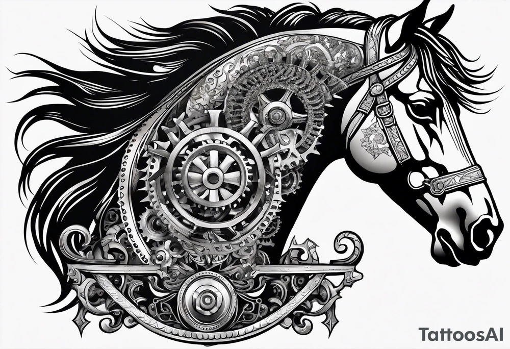 a horse head made out of gears. The horse's mane made out of rope tattoo idea