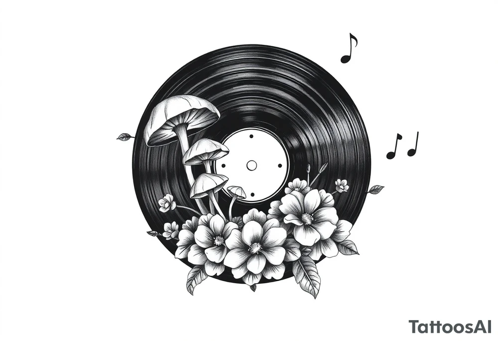 vinyl record with mushrooms, flowers, and music notes tattoo idea