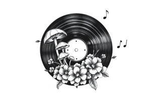 vinyl record with mushrooms, flowers, and music notes tattoo idea