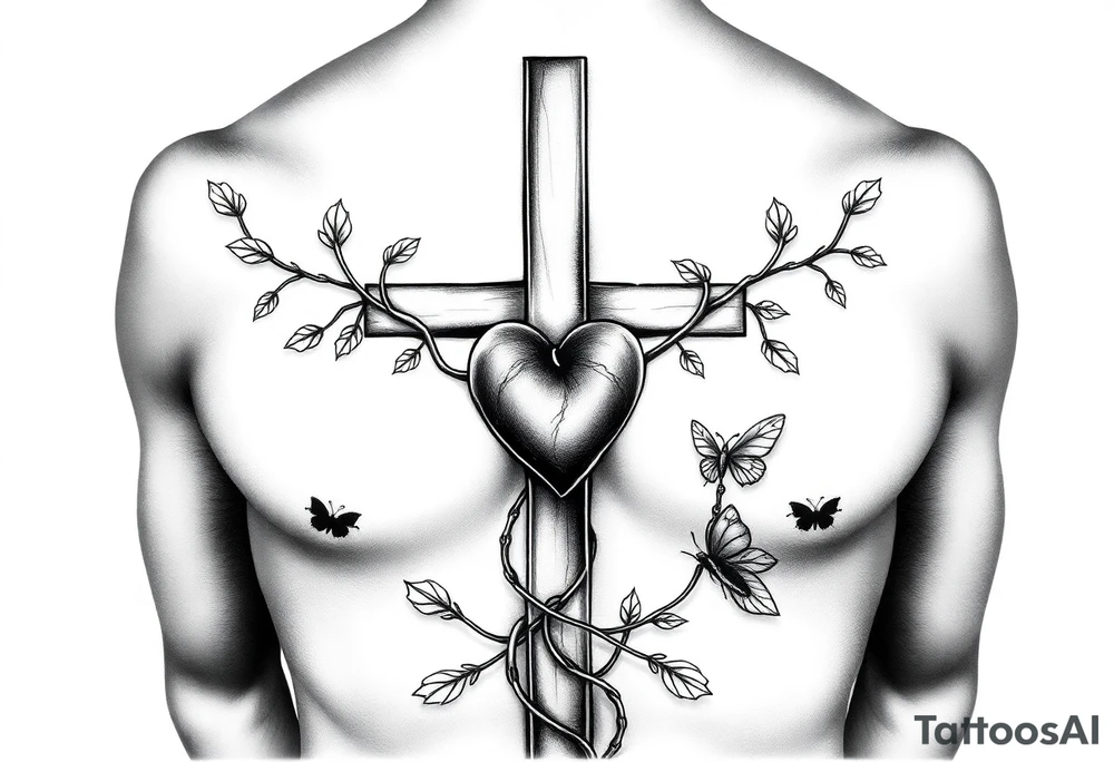 powerful majestic cross on the front of the body center to the chest with vines representing life and a heart within the cross being held like a chain from the cross and other symbols of life like insects and birds butterflies tattoo idea