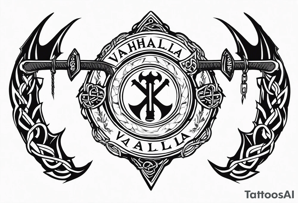Valhalla sword round shield axe barbed wire chains tattoo idea