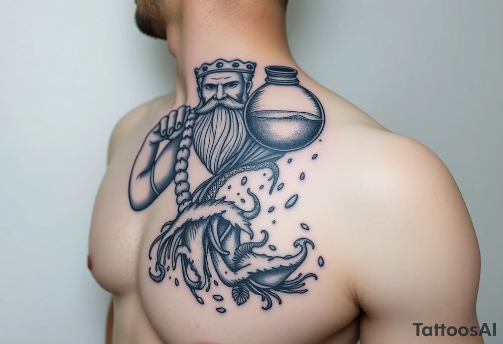 A large humanized god carrying a jar on his shoulder, the jar flows from water to create a marine environment tattoo idea