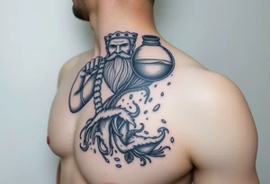 A large humanized god carrying a jar on his shoulder, the jar flows from water to create a marine environment tattoo idea