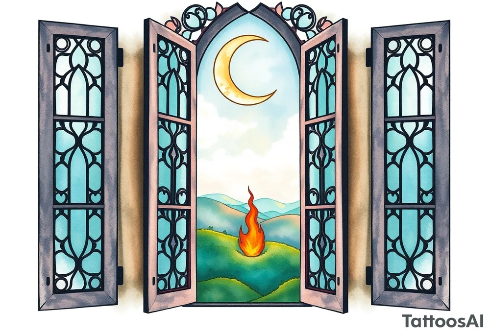 Tall church window with stained glass showcasing crescent moon over a hilly landscape as a fire burns in the distance tattoo idea