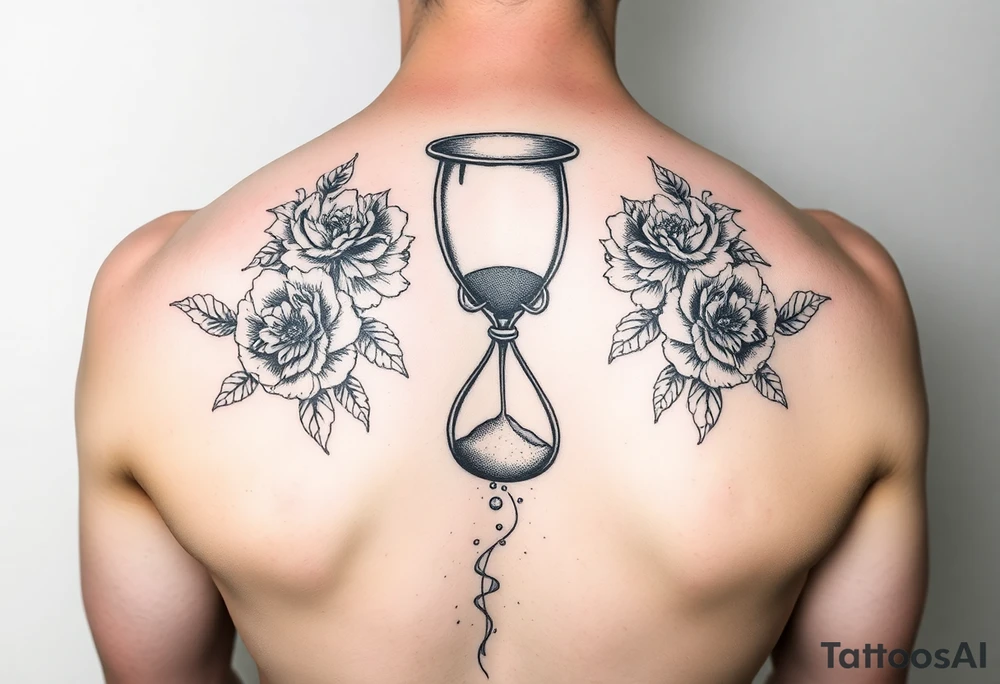 An hourglass with a skull at the bottom that the sand is pouring into. Include matching florals on each shoulder tattoo idea