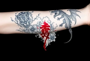 Dragon flying up on right side, tiger with skulls crawling down on left, centered kanji tattoo (red), big red spider lilies in background, smoke/cloud effects. Outer forearm sleeve tattoo idea