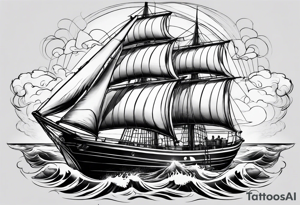 ghost marine lighthouse behind the bow of a sailboat. tattoo idea