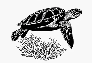 Sea turtle swimming through coral tattoo idea