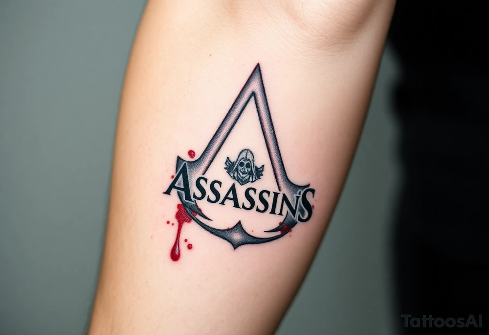 Assassins Creed emblem with Ezio character and blood splashes incorporated into logo. tattoo idea