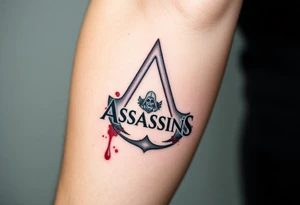 Assassins Creed emblem with Ezio character and blood splashes incorporated into logo. tattoo idea