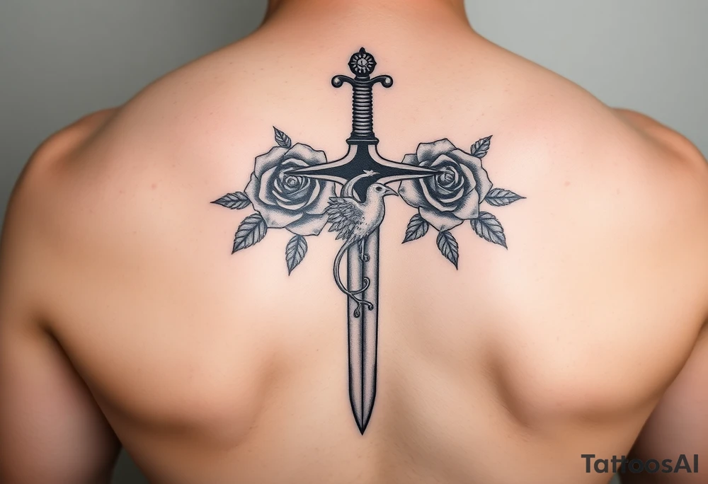 Cross sword on arm darkened in with roses pearls on the sword and a small phoenix rising from the ashes feminine tattoo idea