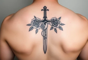 Cross sword on arm darkened in with roses pearls on the sword and a small phoenix rising from the ashes feminine tattoo idea