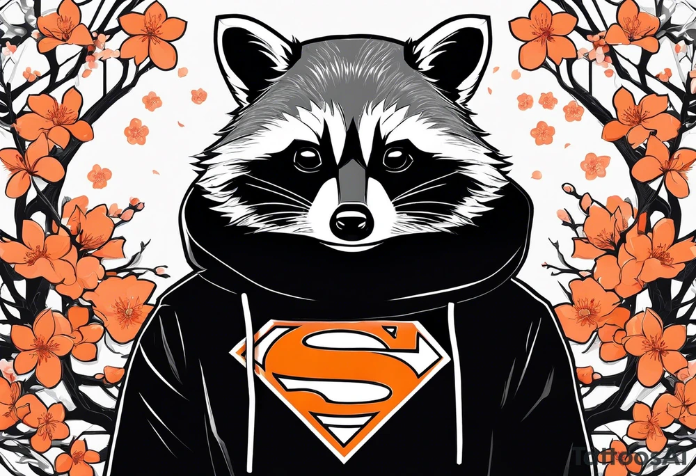 Raccoon wearing a white Superman logo on a black hoodie and orange Japanese cherry blossoms beside tattoo idea