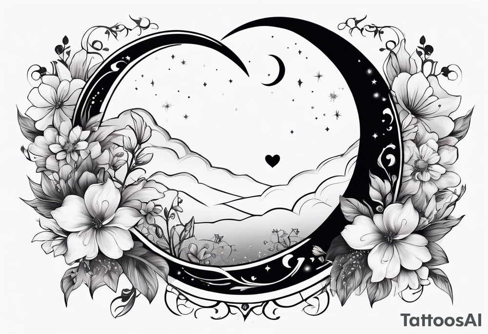 Crescent moon with a heart inside, shrouded by beautiful flowers with wisps of mist - hand tattoo tattoo idea