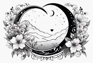 Crescent moon with a heart inside, shrouded by beautiful flowers with wisps of mist - hand tattoo tattoo idea