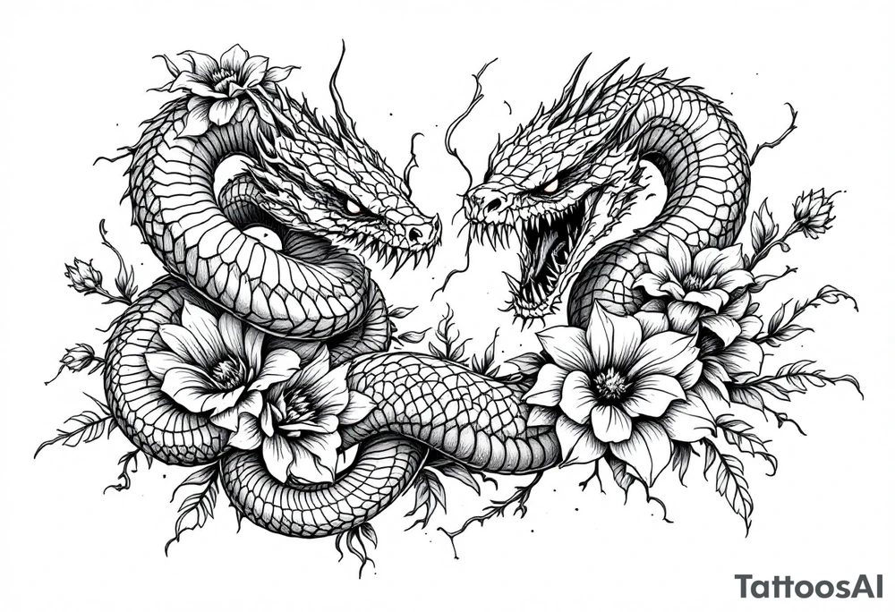 scary snakes with flowers tattoo idea