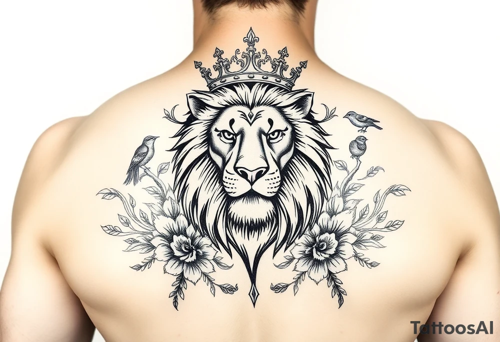 powerful majestic lion with a crown, surrounded by floral ornaments and birds tattoo idea