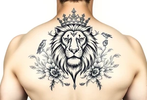 powerful majestic lion with a crown, surrounded by floral ornaments and birds tattoo idea