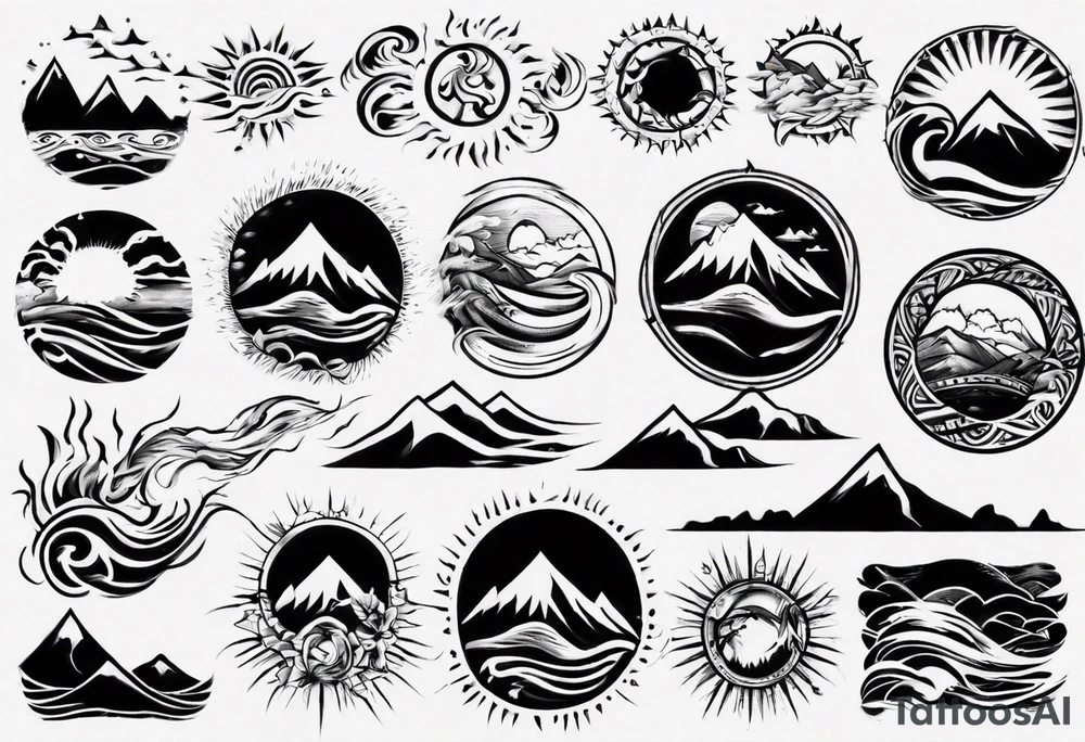 sleeve, mountains, waves, sun tattoo idea