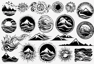 sleeve, mountains, waves, sun tattoo idea