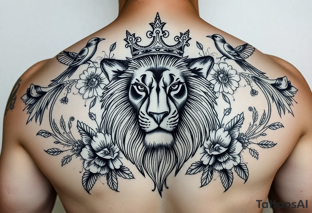 powerful majestic lion with a crown, surrounded by floral ornaments and birds tattoo idea