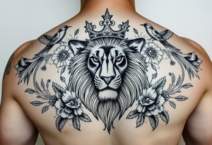 powerful majestic lion with a crown, surrounded by floral ornaments and birds tattoo idea