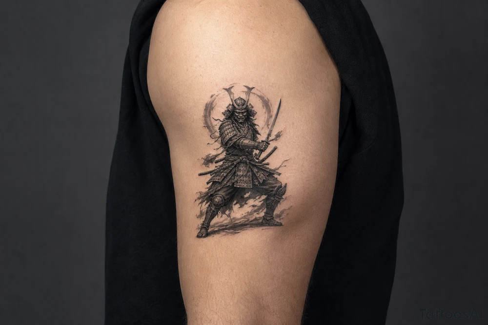 Full body samurai warrior in black and grey, mask prominent, dynamic battle pose, muted tones. tattoo idea