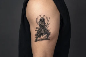 Full body samurai warrior in black and grey, mask prominent, dynamic battle pose, muted tones. tattoo idea